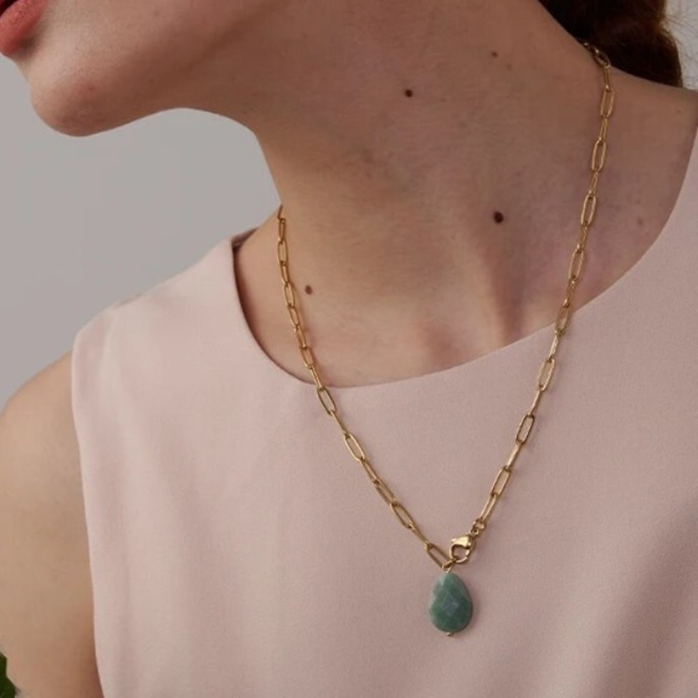 Natural Stone Agate Pendant Necklace Minimalist Gold Paperclip Chain Gemstone